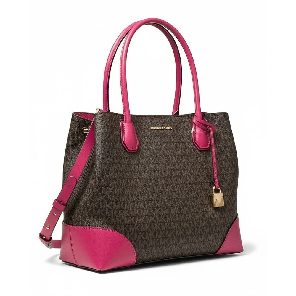 Michael Kors Mercer Corner Studio Large Center Zip Tote Brown Pink 30H7GZ5T7V